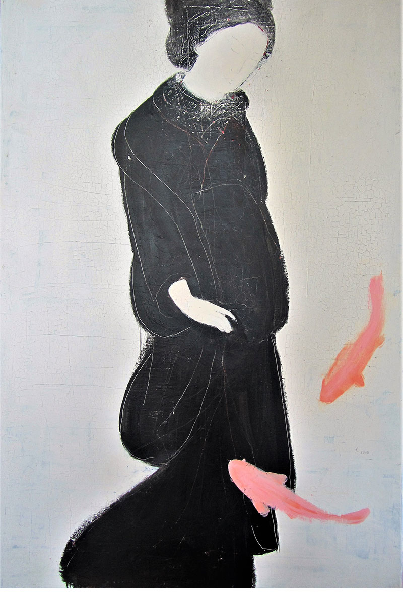 Frau mit Fischen (2013, überarbeitet 2017), 120x80 cm