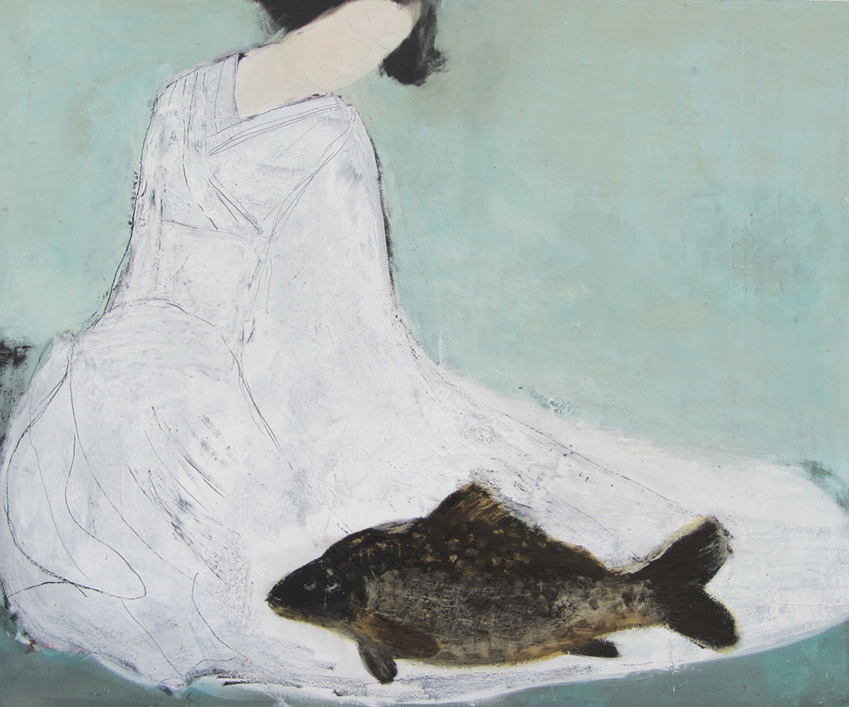 Frau mit Karpfen (2013), Mischtechnik auf Hartfaser, 100x120 cm