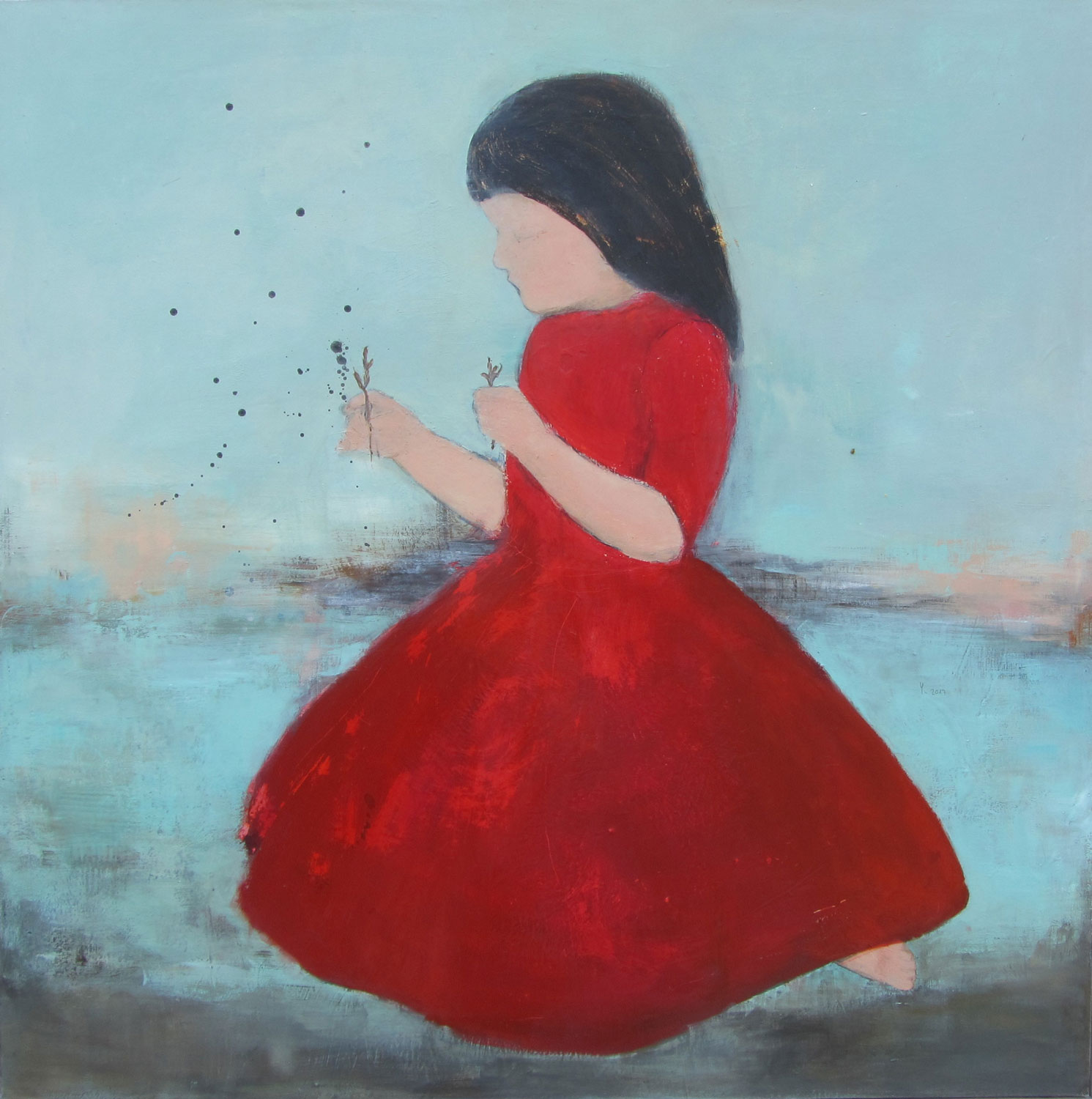 Mädchen im roten Kleid (2017), Mischtechnik auf Hartfaser, 100x100 cm, Privatsammlung